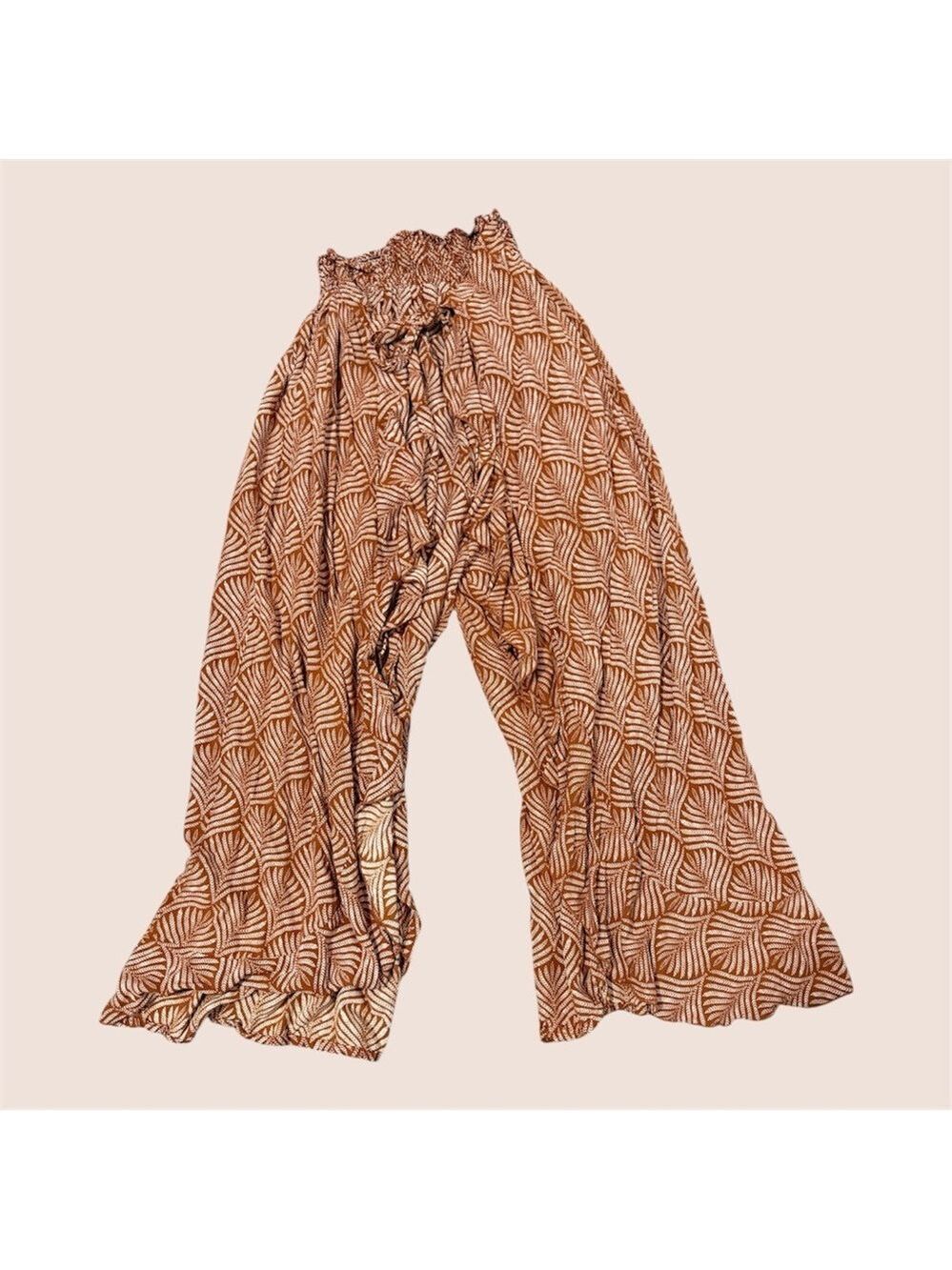 Women's Wide Open Side Flowy Leg Leaf-Print Palazzo Pants - Brown
